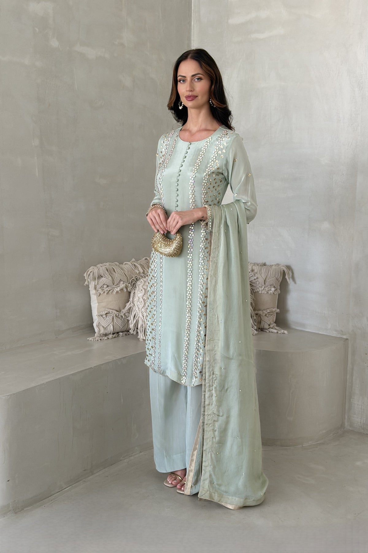 Sage green occasionwear set with matching dupatta