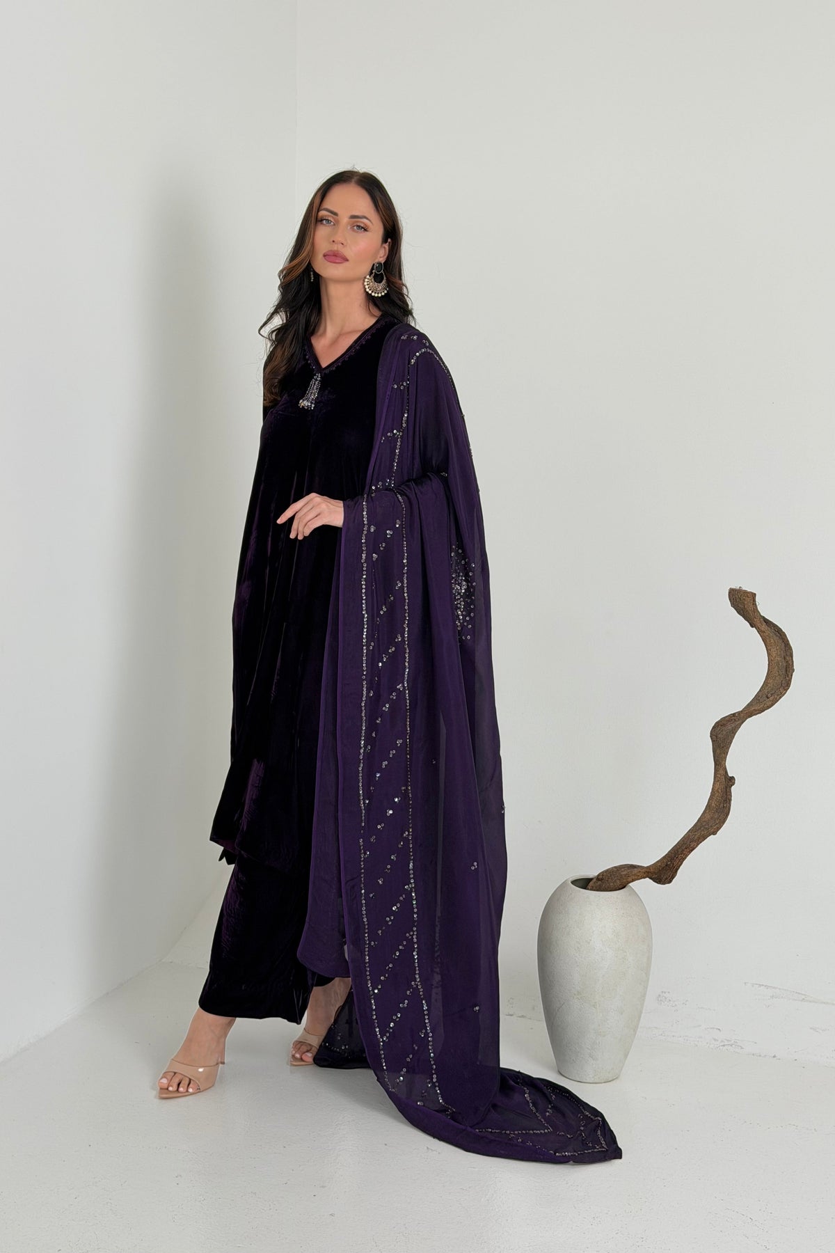 Deep plum occasionwear set with embellished dupatta