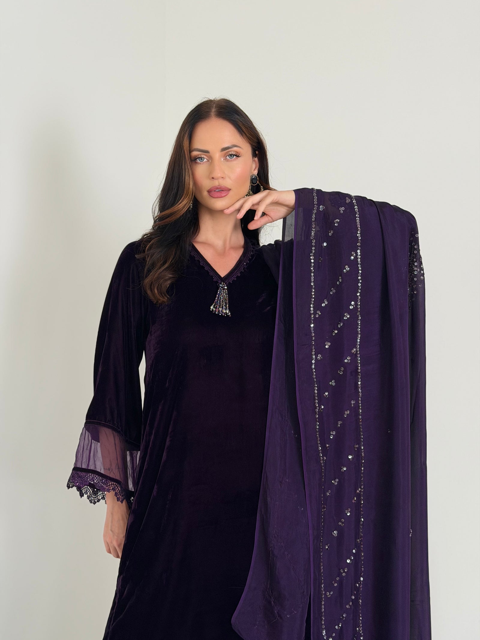 Velvet shirt with tonal detailing and beaded tassel