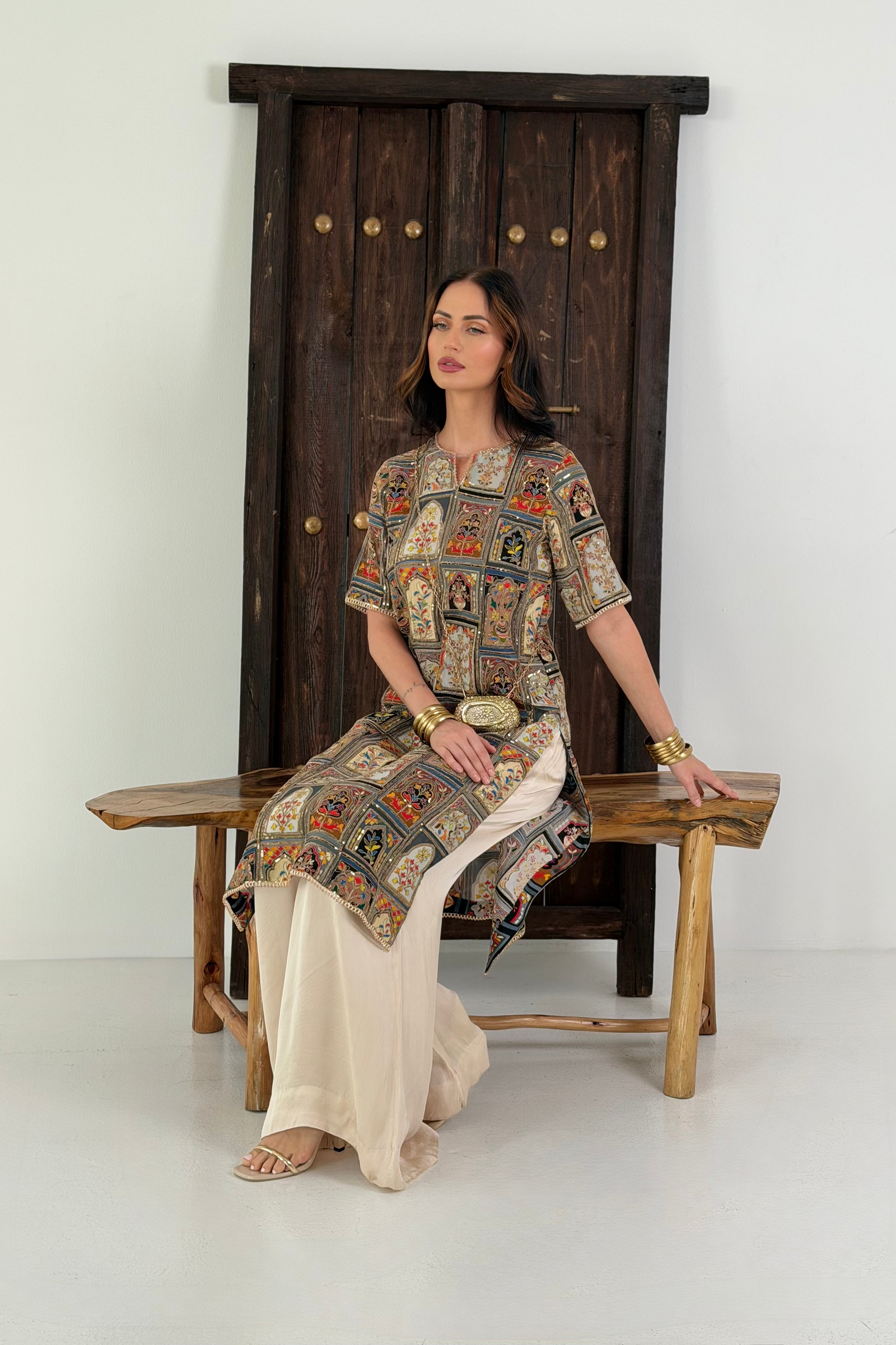 Rose suit with multicolour embroidered panel detailing
