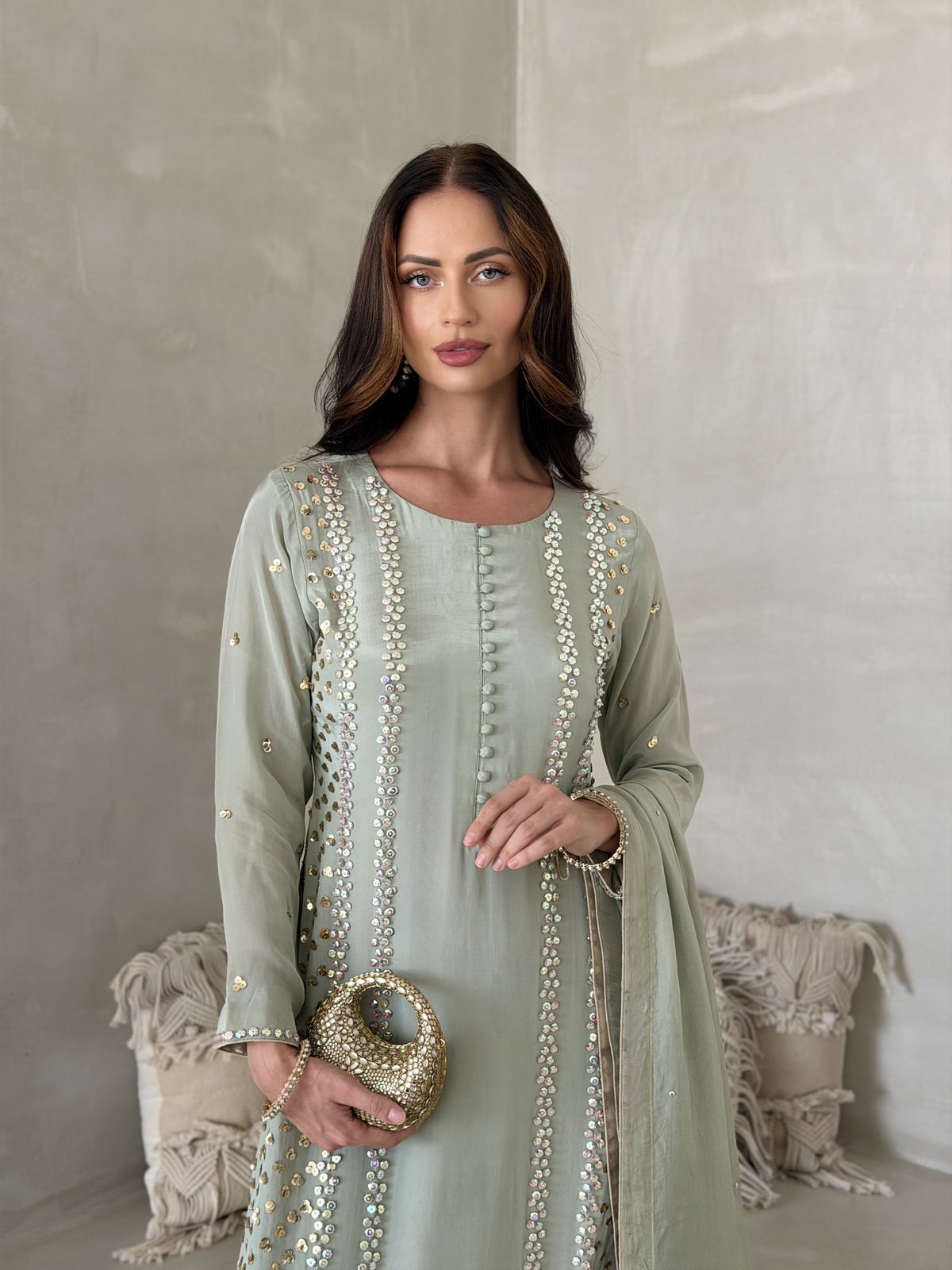Sage green occasionwear set with matching dupatta