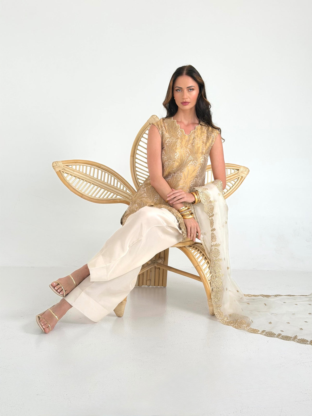 Ivory brocade shirt with intricate gold detailing
