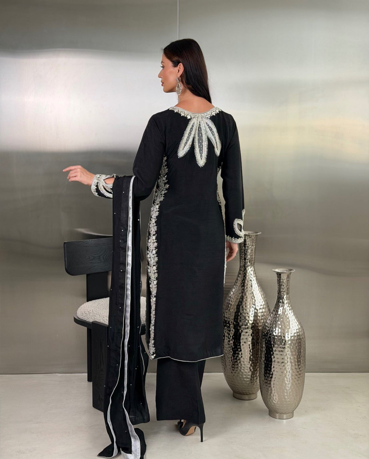 Black silk shirt with silver handwork detailing